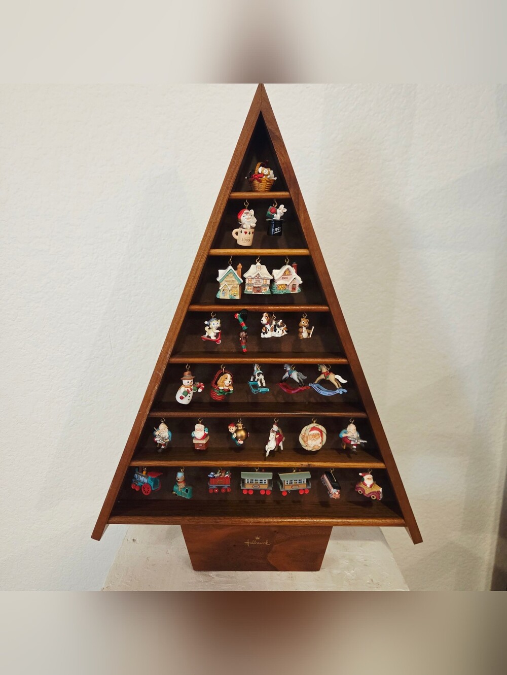 Hallmark Shadow Box Memory Tree Wooden Display Lot of 28 Mini Ornaments